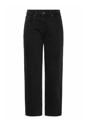 Černé džíny z denimu s vysokým pasem, rovnými nohavicemi a zapínáním na předním knoflíku. Disponují dvěma předními kapsami a jemnými švy jako ozdobou.