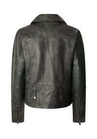 Must must nahkест Жakk, klassikalise kraega, tõmblukuga mansetid ja kaks esist pocketit kontrollnuppudega. Tekstureeritud, struktureeritud disain.