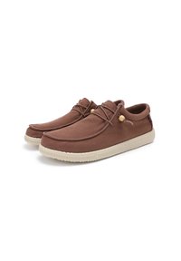 Brown canvas shoes with a low-profile design, featuring a light beige rubber sole, and decorative lacing with wooden accents.