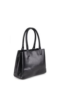 Borsa a tracolla nera in pelle con due manici allungati, una forma strutturata e una texture liscia. Presenta una chiusura con zip lungo la parte superiore.