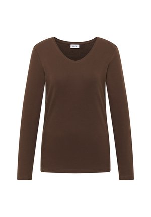 Brun långärmad V-ringad tröja gjord av mjukt, elastiskt tyg. Enkelt design med en jämn yta, utan mönster eller utsmyckningar.