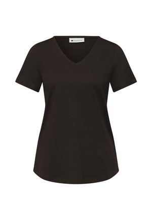 Czarny damski T-shirt z krótkim rękawem i dekoltem w serek, delikatnie zaokrąglonym dołem oraz metką "Street One" wewnątrz kołnierza, prezentowany na białym tle.