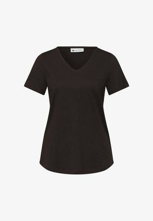 T-shirt da donna nera con scollo a V, maniche corte, orlo leggermente curvato ed etichetta "Street One" all'interno del colletto, mostrata su sfondo bianco.