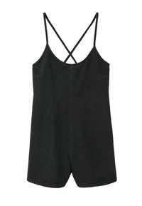 Mono de mezclilla negro con tirantes delgados, con un diseño de espalda entrecruzada y bolsillos frontales. Textura suave y silueta estructurada.