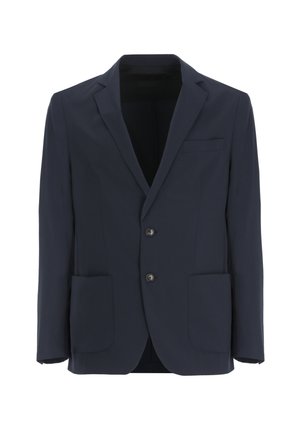 Blazer azul marino oscuro de un solo botón con dos botones, solapas con muesca, bolsillo en el pecho y dos bolsillos delanteros de parches.