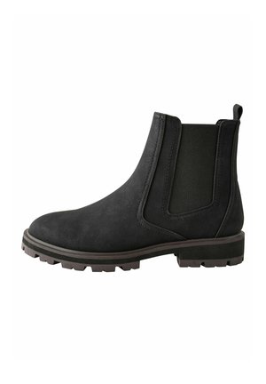 Botines Chelsea negros hechos de un material texturizado, con paneles laterales elásticos, una asa de tirón y una suela de goma resistente para mayor tracción.