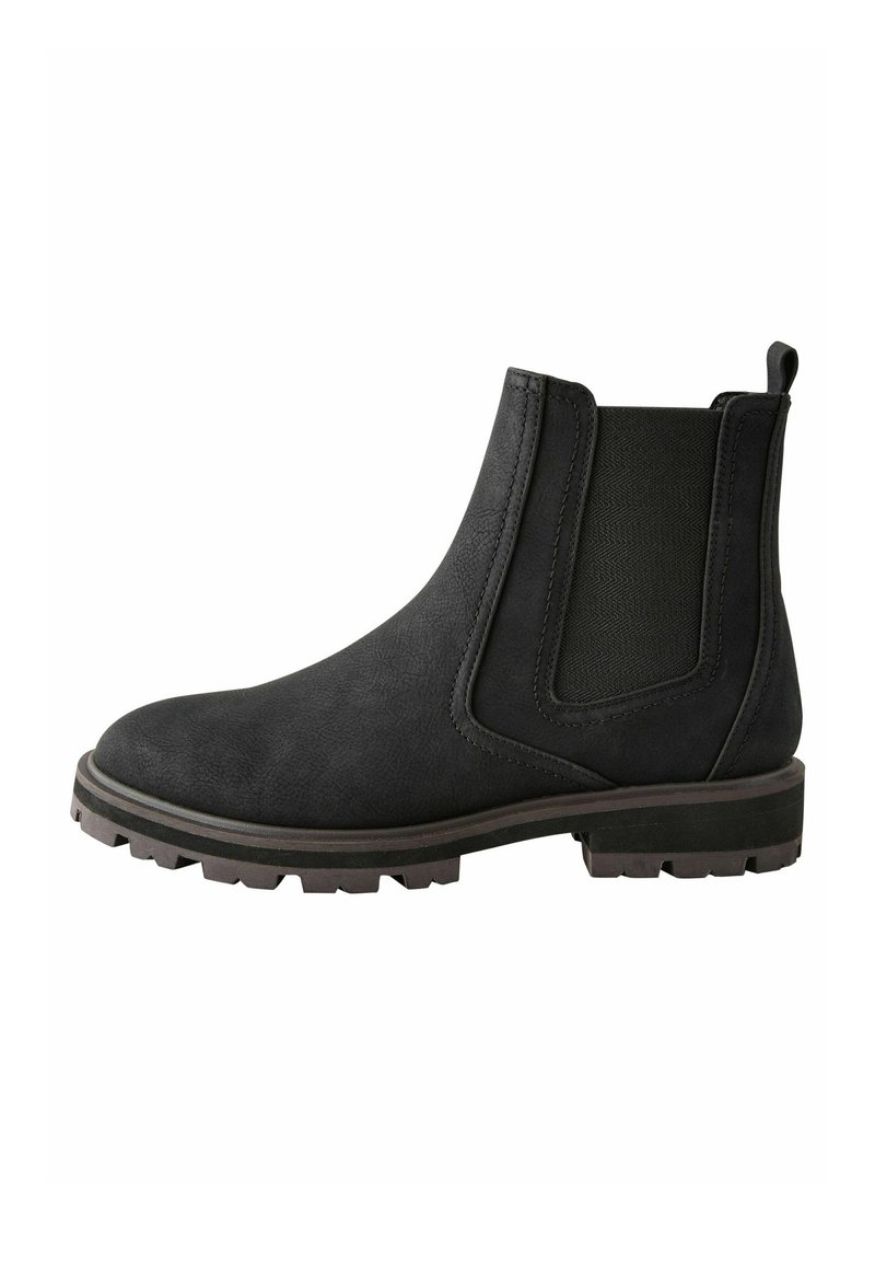 Botines Chelsea negros hechos de un material texturizado, con paneles laterales elásticos, una asa de tirón y una suela de goma resistente para mayor tracción.