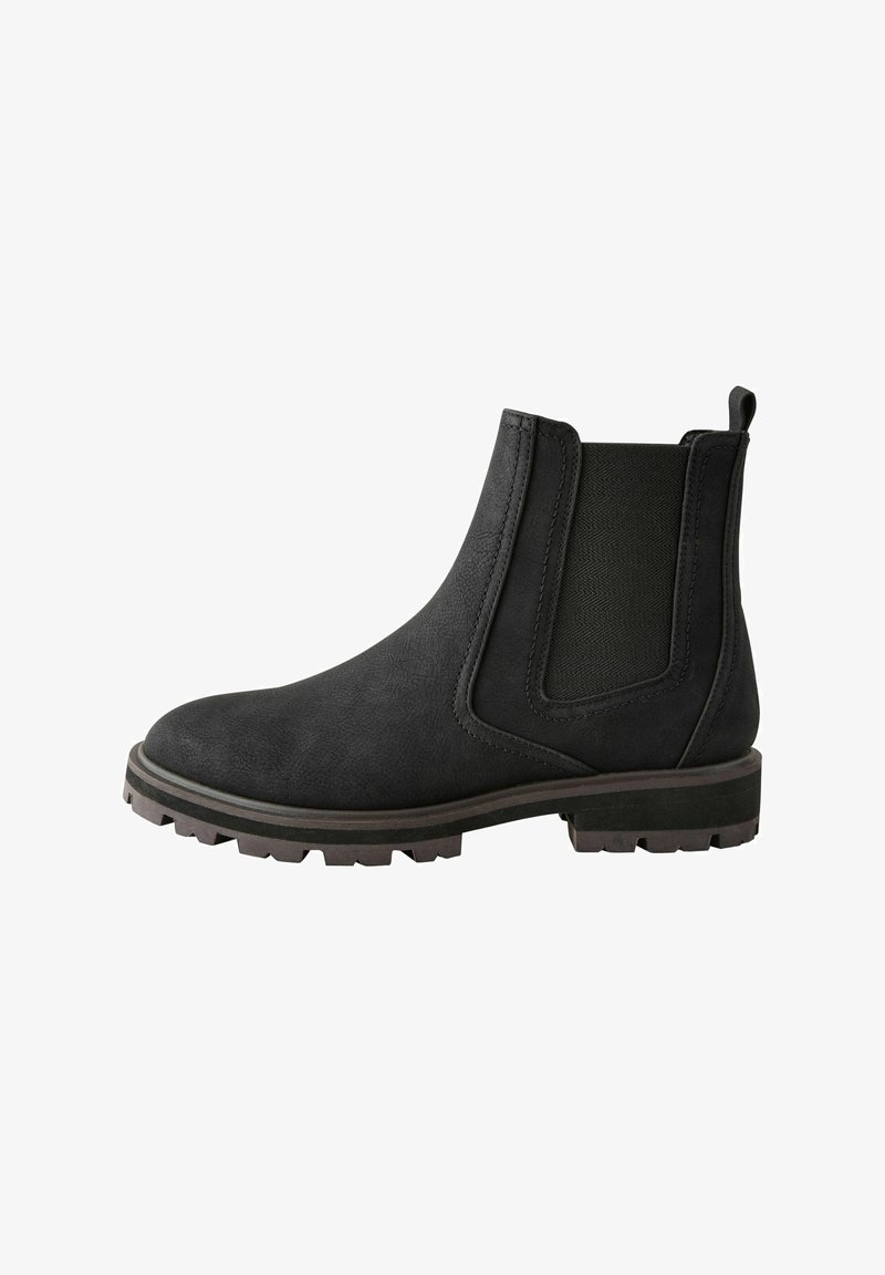 Schwarze Chelsea-Stiefel aus strukturiertem Material, mit elastischen seitlichen Einsätzen, einer Zuglasche und einer robusten Gummisohle für optimalen Halt.