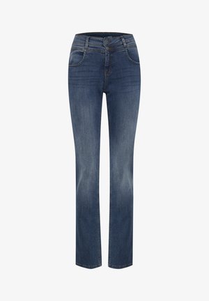 Jeans in denim blu scuro con design a gamba dritta, due tasche frontali e chiusura con bottone. Leggera scoloritura sulle cosce e sulle ginocchia.