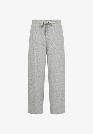 Gray, wide-leg sweatpants made of soft, textured fabric. Features an elastic waistband with drawstring and no visible pockets.