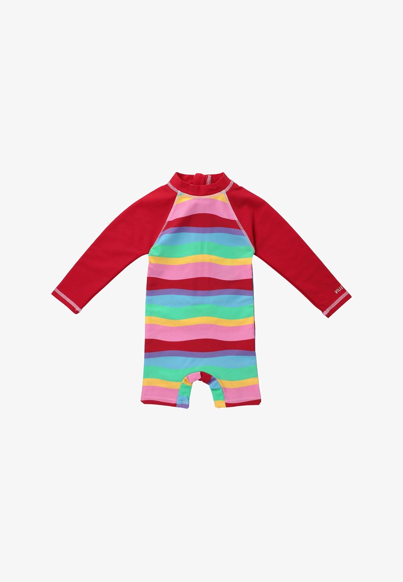T-shirt de protection avec de longues manches rouges et un motif de rayures horizontales ondulées multicolores. Col haut et fermeture éclair au dos.
