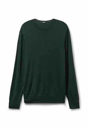 Tmavě zelený svetr s dlouhým ruk�ávem, vyrobený z hladkého materiálu, s kulatým výstřihem a manžetami a lemem s žebrovaným vzorem. Klasický, rovný střih.