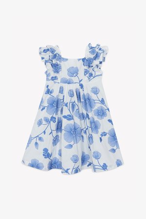 Vestito di cotone azzurro con spalline arricciate, caratterizzato da un motivo floreale blu su tutta la superficie e da una gonna ampia e fluente.