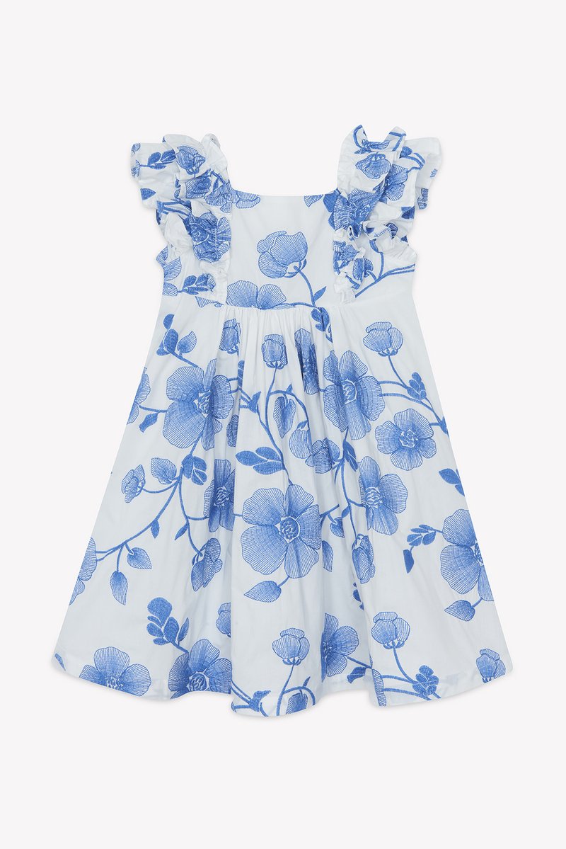 Φόρεμα από βαμβακερό ύφασμα ανοιχτού γαλάζιου χρώματος με βολάν στους ράντες, που διαθέτει ολόκληρο μοτίβο με μπλε λουλούδια και φαρδιά, αέρινη φούστα.