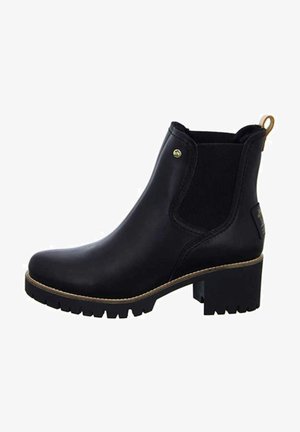 Schwarze Leder-Stiefelette mit elastischen Seitenpanelen, einer Zuglasche, strukturierten Gummisohlen und einem stabilen Blockabsatz.