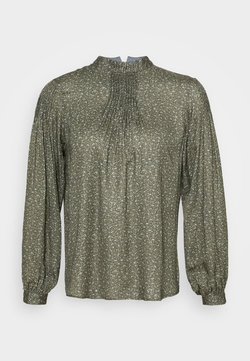 Olive green long-sleeve blouse with gathered neckline, pleated front, and soft glittery texture. Cuffed sleeves with elastic at hem.