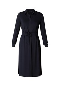 Marineblaues, langärmeliges Hemdkleid aus weichem Stoff mit Knopfverschluss und Taillengürtel für eine verstellbare Passform; mit einem kragenlosen Ausschnitt.