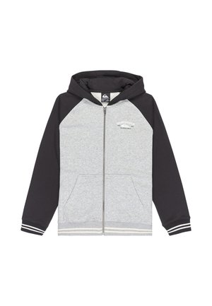 Šedá mikina na zip s černými raglánovými rukávy. Obsahuje klokanku, žebrované manžety s bílými pruhy a logo na hrudi.