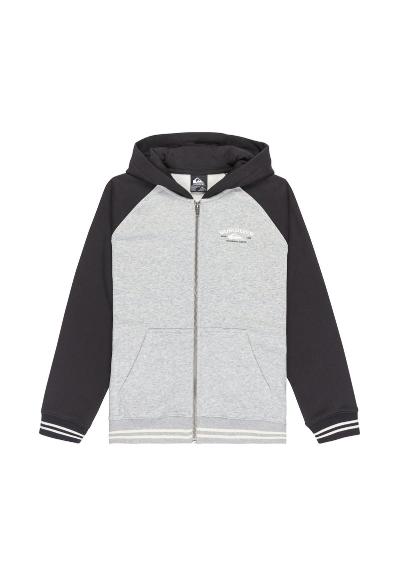 Sivá mikina na zips s čiernymi raglánovými rukávmi. Obsahuje klokaní vrecko, rebrované manžety s bielymi pruhmi a logo na hrudi.