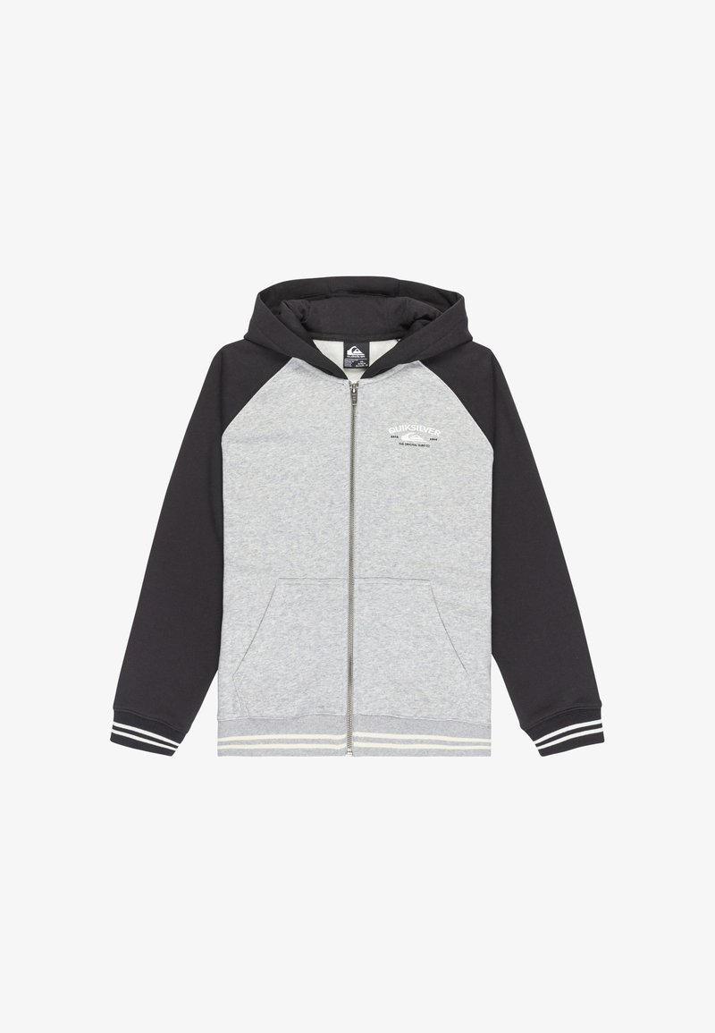 Sivá mikina na zips s čiernymi raglánovými rukávmi. Obsahuje klokaní vrecko, rebrované manžety s bielymi pruhmi a logo na hrudi.