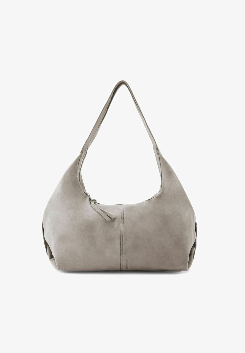 Borsa a spalla in suede grigio con una forma curvata, dotata di chiusura con zip e una sola tracolla larga. Texture liscia e design minimalista.