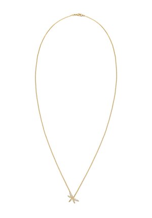Goldene Halskette mit einer zarten Kette und einem sternförmigen Anhänger, geschmückt mit kleinen klaren Kristallen, die ein poliertes Finish zeigen.