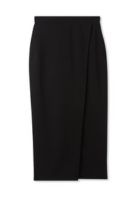 Gonna nera midi con una superficie liscia e elegante. Presenta un design avvolgente sui lati e una vita aderente per una silhouette slanciata. Senza chiusure visibili.