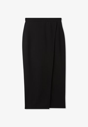Gonna nera midi con una superficie liscia e elegante. Presenta un design avvolgente sui lati e una vita aderente per una silhouette slanciata. Senza chiusure visibili.