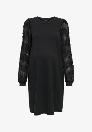 Svart knelång klänning med rund halsringning, långa texturerade ärmar prydda med blommiga paljetter och ribbade manschetter vid ärmsluten.