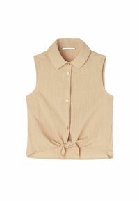 Beige mouwloze shirt van lichtgewicht stof, met een kraag, vijf knopen aan de voorkant en een knoopdetail aan de zoom.