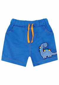 Blue shorts with an elastic waistband and orange drawstring, featuring an embroidered dinosaur design in blue, green, and yellow accents.