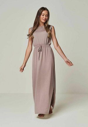 Maxikleid aus weichem, mauvefarbenem Stoff mit ärmellosem Design, Zugband in der Taille und seitlichem Schlitz. Leichter Stoff, bodenlanger Stil.