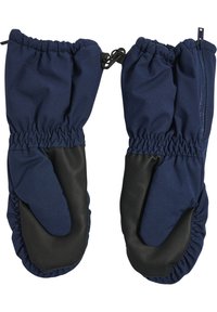 Marineblaue Fäustlinge mit elastischen Bündchen, Lederhandfläche und einem Reißverschlussakzent; weicher Außenstoff mit geraffter Textur am Handgelenk.