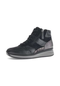 Zwarte hoge sneakers van een mix van glad en gestructureerd leer, met een zijrits en een rubberen zool. Subtiele metalen accenten op de hiel.