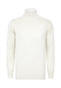 Jersey de cuello alto en color crema claro, hecho de un suave tejido de punto. Presenta cuellos y puños acanalados, con un corte relajado.