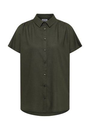 Camisa de manga corta de color verde oscuro con botones, cuello y ligeros fruncidos en los hombros, con etiqueta "Cecil" en el interior del cuello.