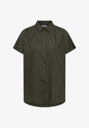 Short-sleeve dark green button-up shirt with collar and slight gathers at shoulders, labeled "Cecil" inside collar.