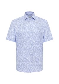 Korte mouwen shirt in lichtblauw met een ingewikkeld wit bloemenpatroon. Voorzien van een kraag en knoopsluiting aan de voorkant. Zachte stoftextuur.