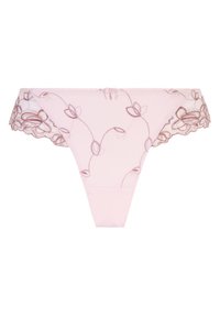 Lichtroze string met bloemenkantafwerking, voorzien van geborduurde bladerenpatronen in donkerder roze en goud. Glad stof met elastische tailleband.