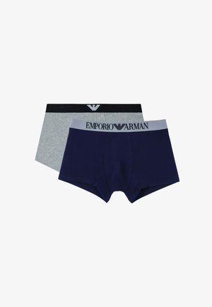Due boxer da uomo Emporio Armani, uno blu navy con fascia grigia e logo, uno grigio chiaro con fascia e logo neri.