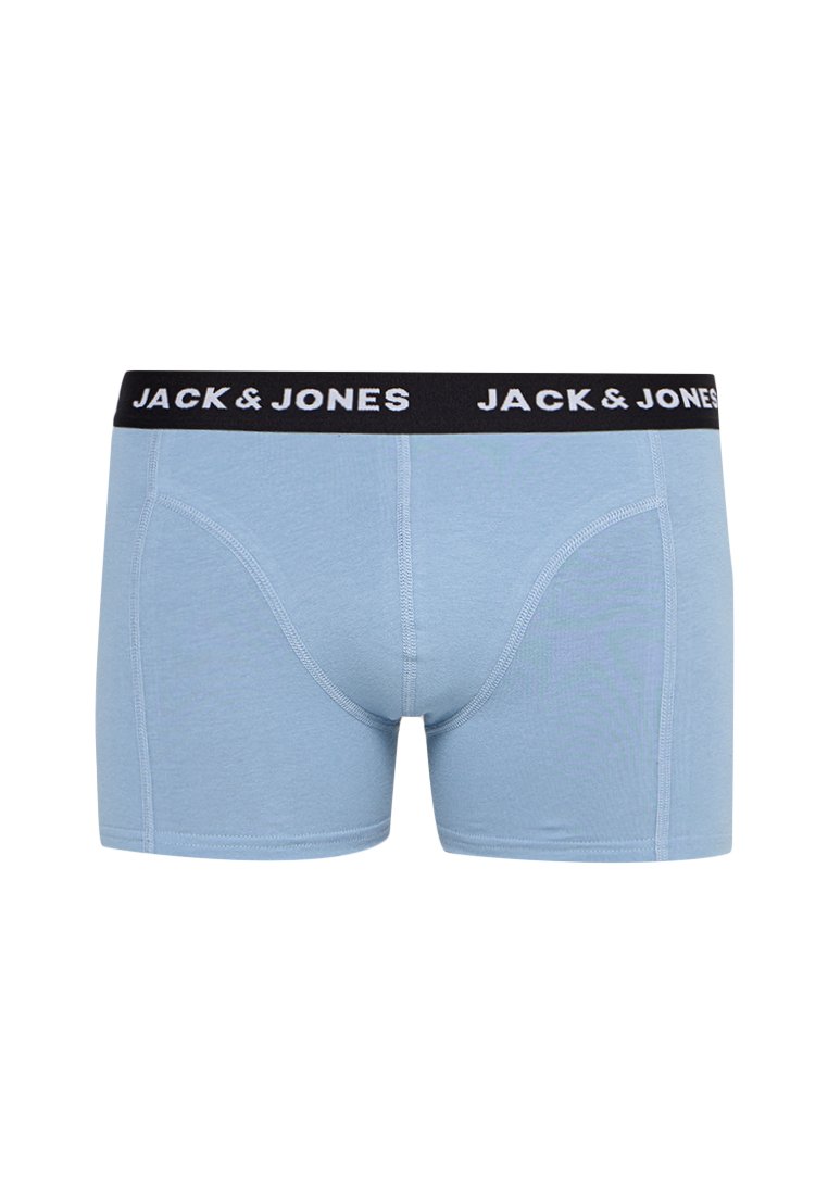 Boxers de algodón de color azul claro con una cinturilla elástica negra que presenta el texto "JACK & JONES" en blanco. Textura suave, diseño ajustado.