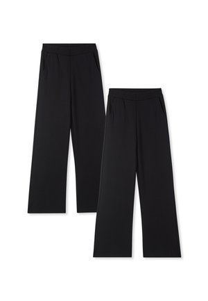 Pantaloni neri a gamba larga con cintura elastica e tasche frontali. Il tessuto appare morbido con una texture liscia e senza motivi visibili.