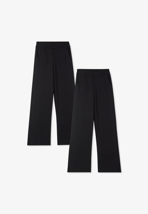 Pantaloni neri a gamba larga con cintura elastica e tasche frontali. Il tessuto appare morbido con una texture liscia e senza motivi visibili.