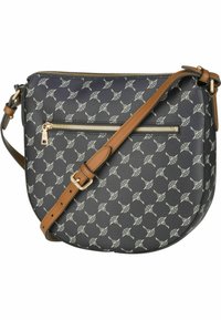 Borsa a tracolla in materiale testurizzato blu navy con motivo a ventaglio bianco; presenta una tasca frontale con zip e una tracolla regolabile marrone.