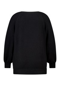 Zwarte pullover sweatshirt met lange raglanmouwen, ribgebreide manchetten en zoom, zachte textuur en een eenvoudig, minimalistisch ontwerp. Geen zichtbare logo's.
