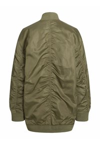 Olive green satin bomber jacket with gathered stitching along back and sleeves, ribbed collar and cuffs, shown from the back.
