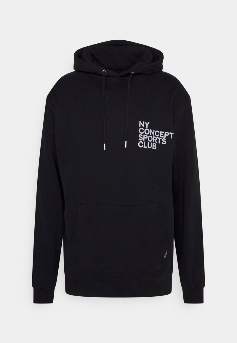 Sudadera negra de mezcla de algodón, con un bolsillo tipo canguro, cordones ajustables y el logo "NY CONCEPT SPORTS CLUB" en blanco.