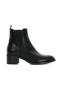 Bottes noires en cuir jusqu'à la cheville avec un motif en peau de serpent texturée, des panneaux élastiques sur les côtés et un petit talon carré. Idéales pour un style polyvalent.