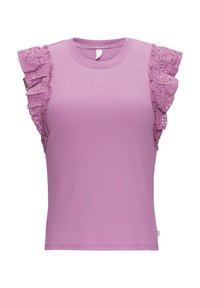 Mouwloze lilakleurige top met ribbeltextuur en gerimpelde kanten accenten op de schouders. Ronde halslijn en reguliere pasvorm.