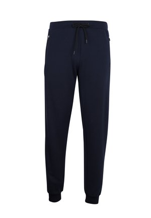 Navy blue jogger pants made of soft fabric. Features an elastic waistband with drawstring and tapered ankles. Includes side pockets.